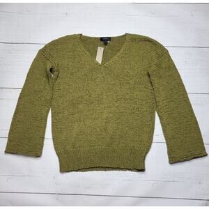 J. Crew Swing Flare Sleeve Sweater V Neck Olive Green Textured Knit Cotton XS